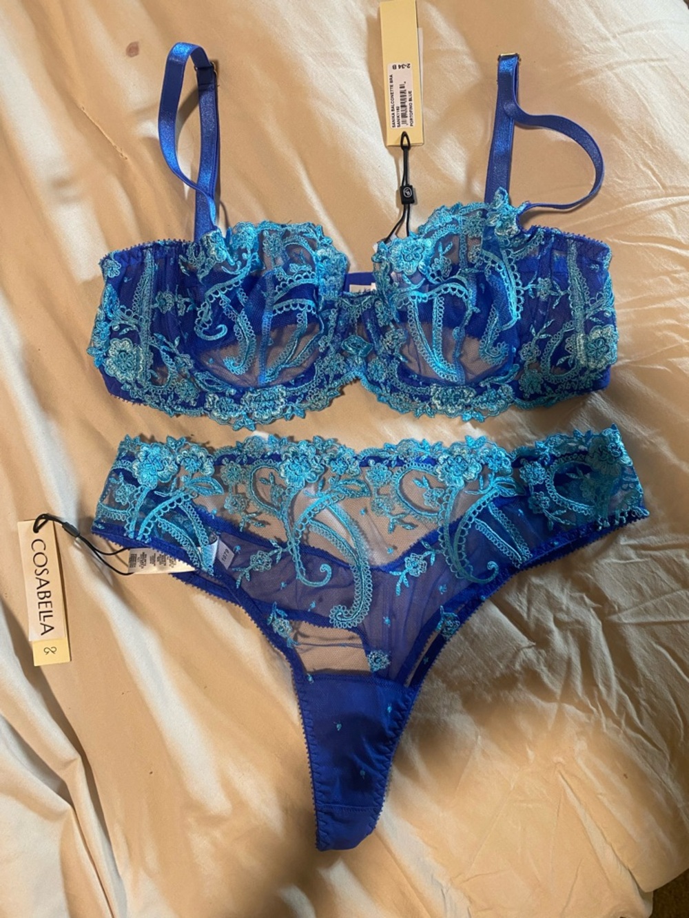 Cosabella Royal Blue & Aqua Embroidered Lace Balconette Bra and Thong Set